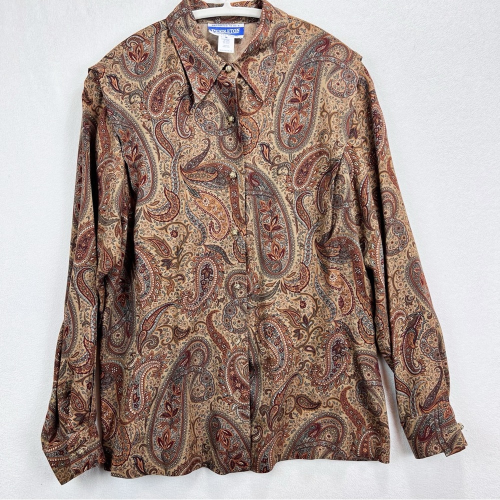Vintage Pendleton‎ Button Down Long-sleeve Paisley Pattern Brown Wool Blend